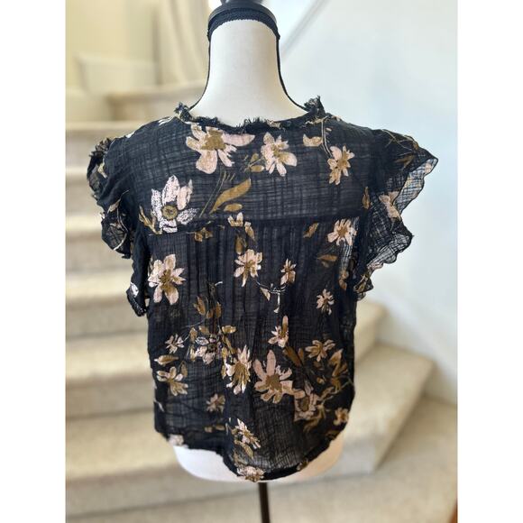 Free People Black & Tan Block Print Floral Short Sleeve Blouse - Picture 6 of 8
